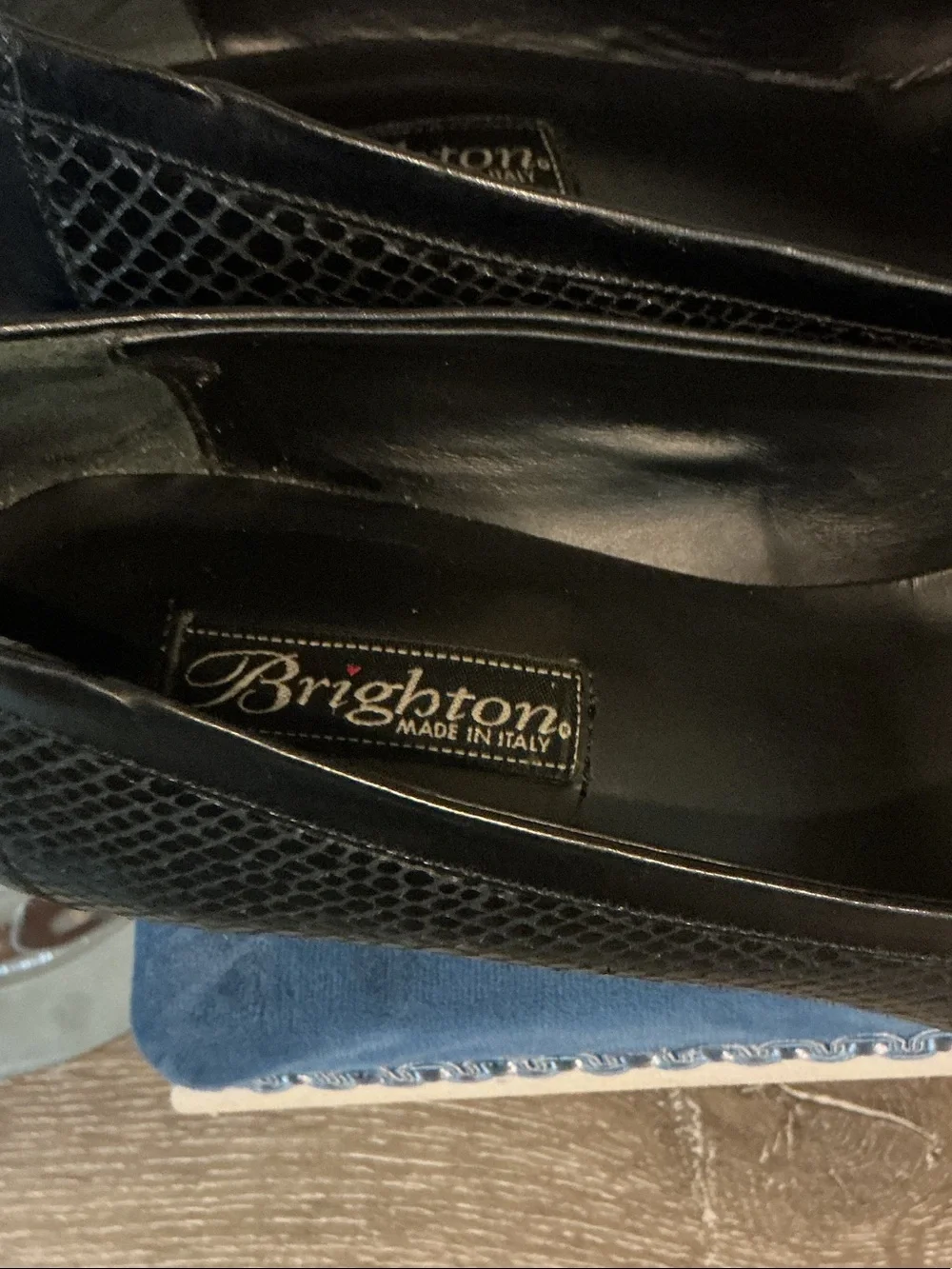 Brighton Nelly Black Snake Print Leather Peep-Toe Wedge Heels Sz 9 9.5 Silver